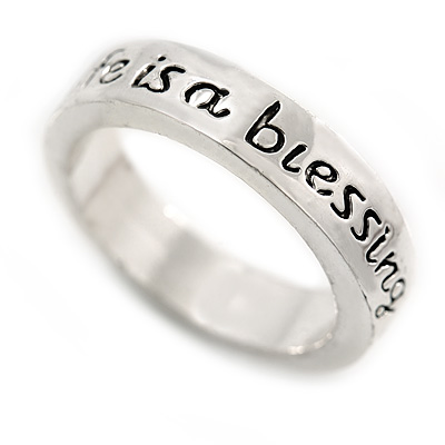 Rhodium Plated 'Life is a blessing be true to yourself' Engraved Ring - Size 8 - main view