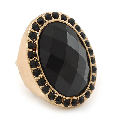Oval, Black Faceted Glass Stone Flex Ring In Gold Plating - 35mm Across - Size 7/8 - main view