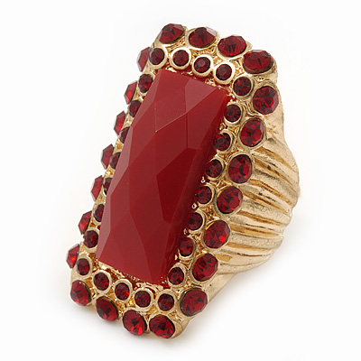 Square Red Acrylic Bead, Diamante Flex Cocktail Ring In Gold Plating - 35mm Across - Size 7/9 - main view