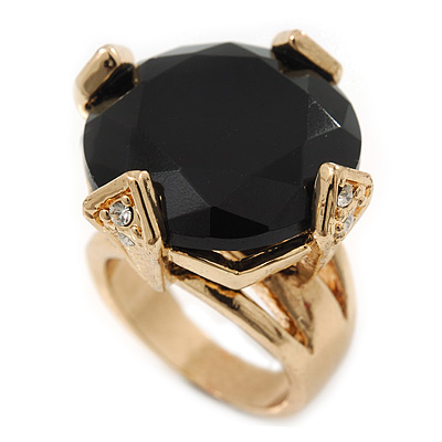Statement Black CZ Crystal Round Wide Band Cocktail Ring In Gold Plating - 20mm Diameter - Size 7 - main view