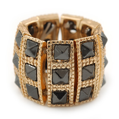Two Tone 'Spiky' Wide Flex Band Ring (Gold/ Black Tone Metal) - 20mm Width - Size 7/8 - main view