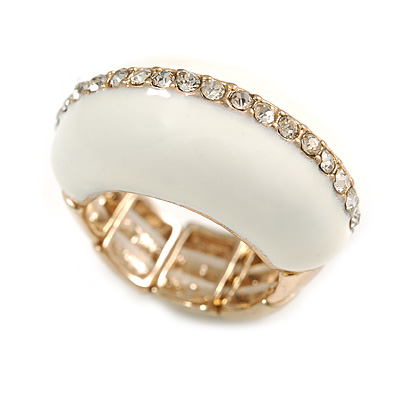 White Enamel Dome Shaped Stretch Cocktail Ring In Gold Plating - 2cm Length - Size 7/8 - main view