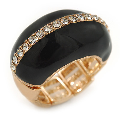 Black Enamel Dome Shaped Stretch Cocktail Ring In Gold Plating - 2cm Length - Size 7/8 - main view