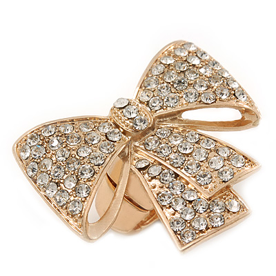 Statement Pave-Set Swarovski Crystal 'Bow' Flex Ring In Gold Plating - 47mm Across - Size 7/8