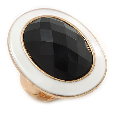 Oval, White Enamel With Black Glass Stone Flex Ring In Gold Plating - 35mm Across - Size 7/8 - main view