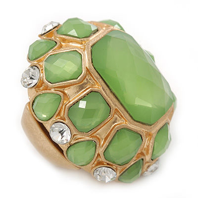 Statement Lime Green Glass Bead Dome Shaped Cocktail Flex Ring In Brushed Gold - 40mm Across - Size 7/8 - main view