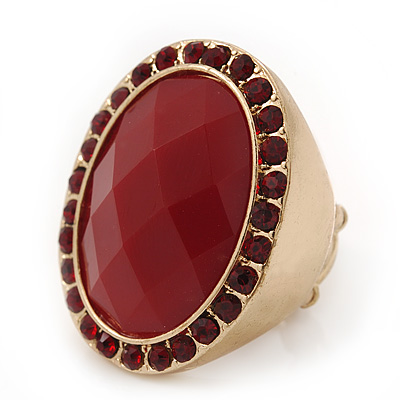 Oval, Red Faceted Glass Stone Flex Ring In Gold Plating - 35mm Across - Size 7/8 - main view