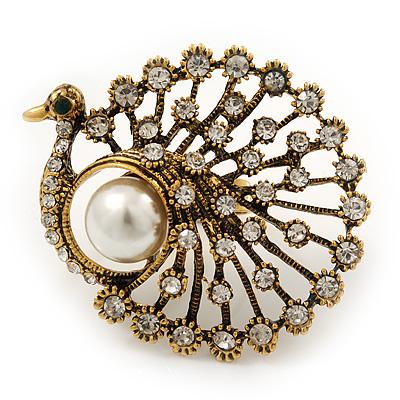 Large Vintage Diamante 'Peacock' Ring In Antique Gold Metal - 4.5cm Diameter