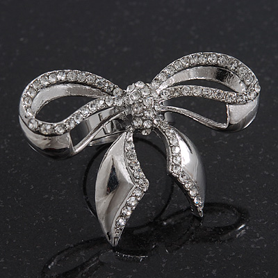 Rhodium Plated Diamante 'Bow' Ring - Adjustable (Size 7/9) - main view