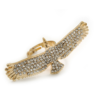 Gold Plated Sculptured Swarovski Crystal 'Eagle' Statement Ring - Adjustable - (Size 7/8) - 5.5cm Length - main view