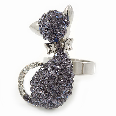 Rhodium Plated Violet Swarovski Crystal 'Kittie' Ring - 35mm Length - Adjustable - Size 7/8 - main view