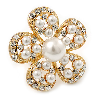 Caviar Simulated Pearl and Swarovski Crystal Floral Cocktail Ring in Gold Plating - 30mm Size 7/8 Adjustable