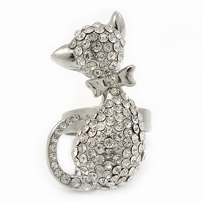 Rhodium Plated Clear Swarovski Crystal 'Kittie' Ring - 35mm Length - Adjustable - Size 7/8 - main view