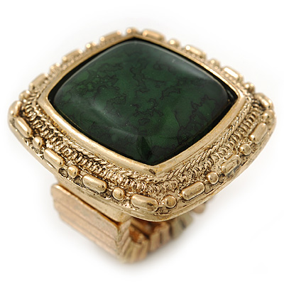 Forest Green Resin Stone Square Flex Ring In Gold Plating - 32mm Width - Size 7/9 - main view