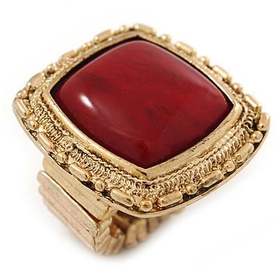 Burgundy Red Resin Stone Square Flex Ring In Gold Plating - 32mm Width - Size 7/9 - main view