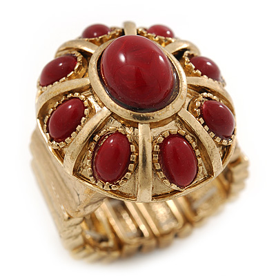 Vintage Ruby Red Coloured Glass Stone Oval Flex Ring In Burn Gold Finish - 25mm Length - Size 8/9 - main view