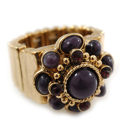 Vintage Purple Glass Stone, Crystal Floral Flex Ring In Burn Gold Finish - 20mm Diameter - Size 8/9