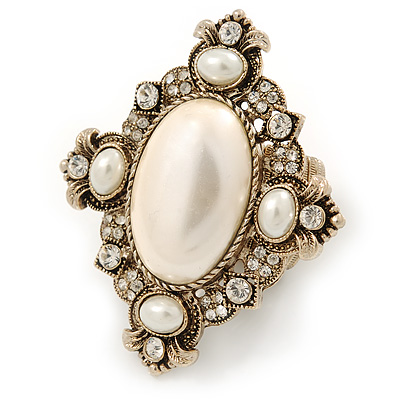 Vintage Inspired Oversized Oval, Crystal, Simulated Pearl Flex Cocktail Ring In Antique Gold Tone - 60mm L - Size 7/8