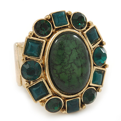 Chunky Oval, Forest Green Glass Bead Flex Ring In Gold Plating - 30mm Across - Size 7/8 - main view