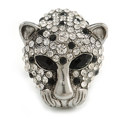 Statement Black/ Clear Swarovski Elements Crystals Tiger Head Ring In Silver Tone - Size 7 to 9 - Adjustable - main view