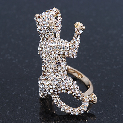 Gold Plated Sculptured Swarovski Crystal 'Cat' Statement Ring - Size 8 - 4cm Length - main view