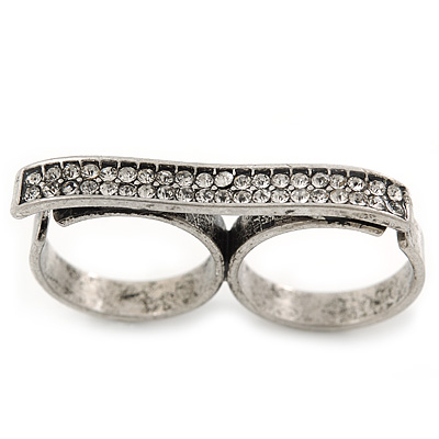 Vintage Pave-Set 'Plate' Two Finger Ring In Burn Silver Metal - Adjustable - 35mm Width - main view
