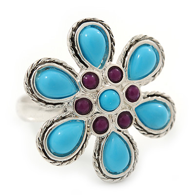 Silver Plated Purple, Turquoise Coloured Acrylic Bead 'Daisy' Ring - 25mm Diameter - Adjustable - Size 7/8