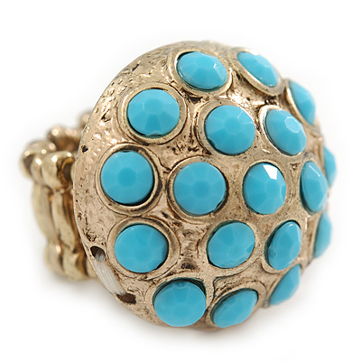 Dome Shape Light Blue Acrylic Bead Flex Ring In Gold Plating - 25mm Across - Size 6/7