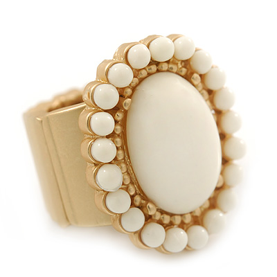 Milky White Ceramic Bead Oval Flex Ring In Brushed Gold Plating - 25mm Across - Size 7/8 - main view