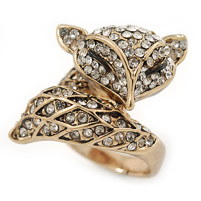 Gold Plated Swarovski Crystal Elements Fox Ring - Size 8 - main view