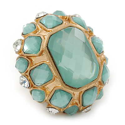 Statement Pale Blue/ Clear Glass Bead Dome Shaped Cocktail Flex Ring In Brushed Gold - 40mm Across - Size 7/8 - main view