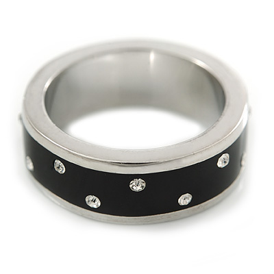 Black Enamel Austrian Crystal Band Ring In Rhodium Plaiting - Size 7