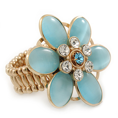Statement Light Blue Glass Bead, Crystal Flower Flex Ring In Gold Plating - 40mm Across - Size7/8 - main view