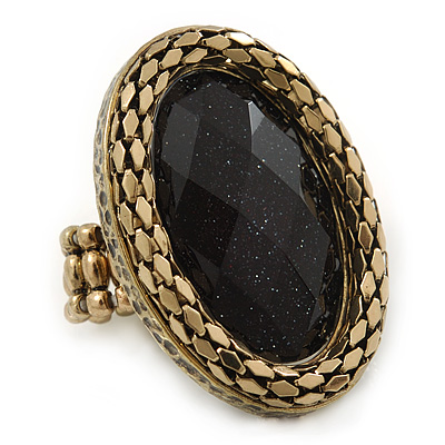 Statement Black Glitter, Oval, Mesh Flex Ring In Burnt Gold Tone - 43mm Across - Size7/8 - main view