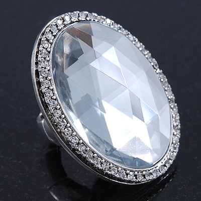Statement Clear Glass Oval Flex Ring In Silver Tone - 48mm Across - Size7/8 - main view