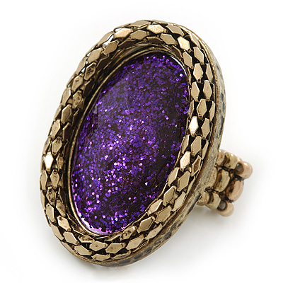 Statement Purple Glitter, Oval, Mesh Flex Ring In Burnt Gold Tone - 43mm Across - Size7/8 - main view