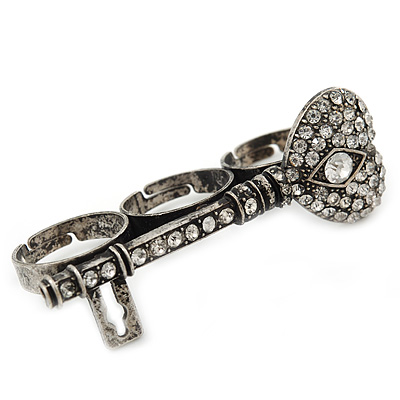 Vintage Crystal 'Key' Three Finger Ring In Burn Silver Metal - Adjustable - 6cm Length