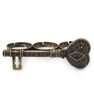 Vintage Black Crystal 'Key' Three Finger Ring In Burnt Gold Metal - Adjustable - 6cm Length