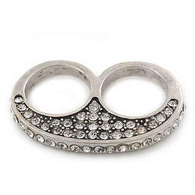 Vintage Pave-Set Diamante 'Knuckles' Double Finger Ring In Burn Silver - 45mm Width - Size 7/8