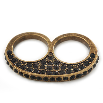 Vintage Pave-Set Diamante 'Knuckles' Double Finger Ring In Burn Gold Metal - 45mm Width - Size 7/ - main view