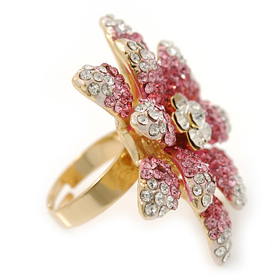 Large Dimensional Clear/ Pink Swarovski Crystal Narcissus Cocktail Ring In Gold Plating - 40mm Diameter - Size 7/8 (Adjustable) - main view