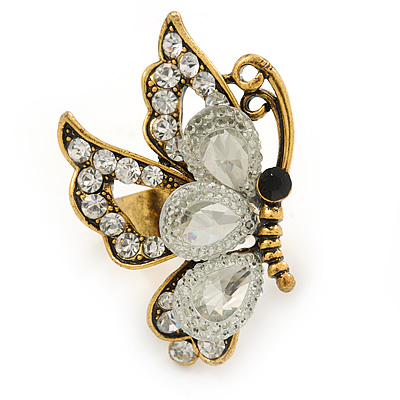 Clear Crystal Butterfly Ring In Antique Gold Metal - Adjustable - Size 7/8