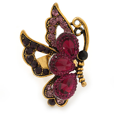 Purple Crystal Butterfly Ring In Antique Gold Metal - Adjustable - Size 7/8 - main view