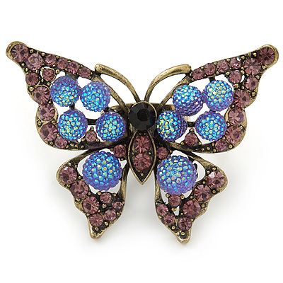 Large Purple Crystal Butterfly Ring In Antique Gold Metal - Adjustable - Size 7/8 - main view