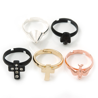 Set Of 5 Knuckle Rings (Gold Cross, Rose Gold Swallow, Crystal Black Cross, Silver Spike, Black Skull Knuckle Rings) - main view