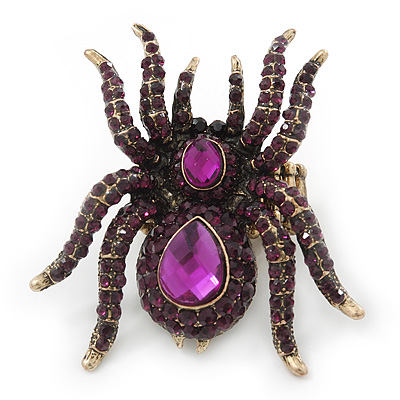 Oversized Amethyst Austrian Crystal Spider Stretch Cocktail Ring In Antique Gold Plating - 6cm Length - main view