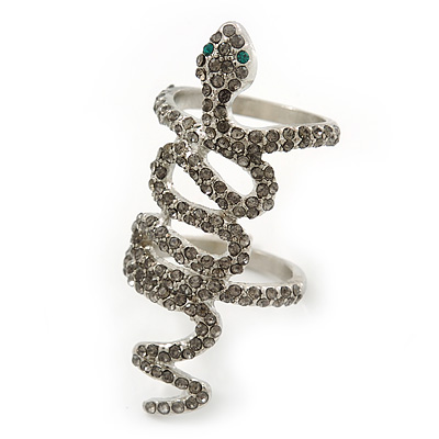 Wide Grey Austrian Crystal 'Coiled Snake' Double Band Ring In Rhodium Plating - 50mm Width - Size 8