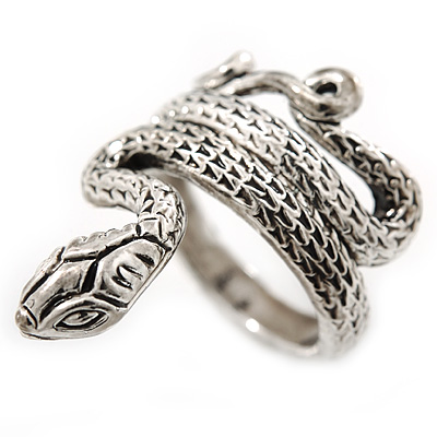 Vintage Inspired Sleek Textured 'Coiled Snake' Ring In Antique Silver Tone - Size 7 - main view