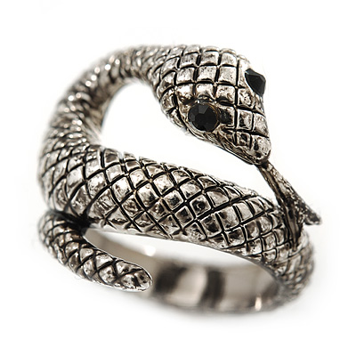 Vintage Inspired Textured 'Coiled Snake' Ring In Burn Silver Tone - Size 7