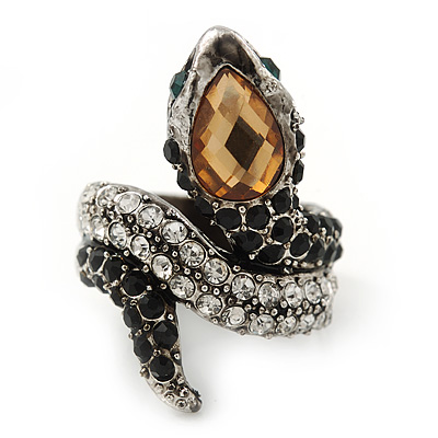 Vintage Inspired Austrian Clear, Black, Citrine Crystal 'Snake' Ring In Burn Silver Tone - Size 7 - main view